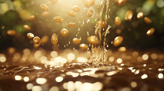 Golden seeds falling into water stream