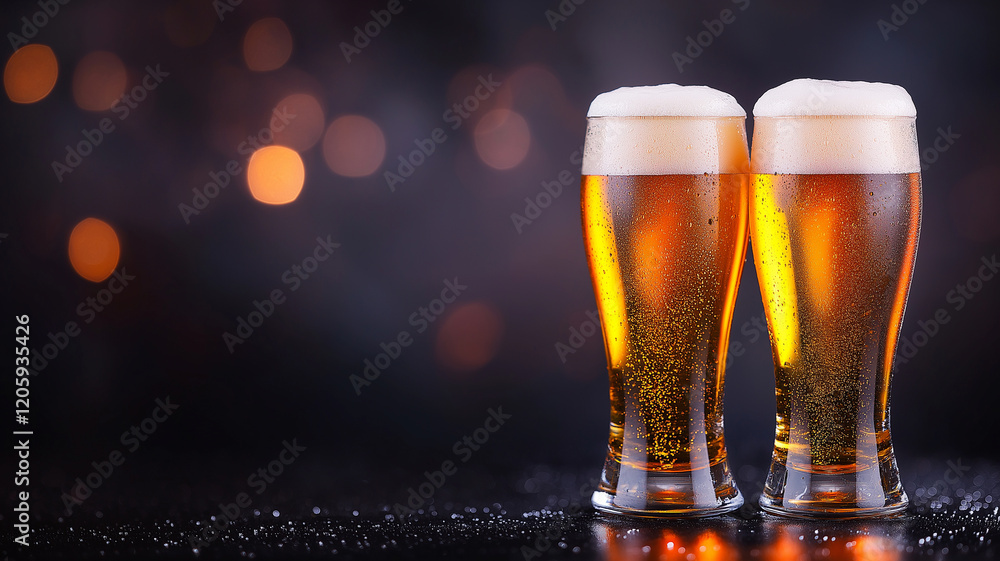 Poster fresh beer in two glasses with foam and droplets, set against blurred background. warm amber color a