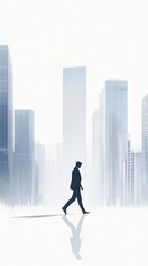 Silhouette of Businessman Walking in Abstract Cityscape - Modern Urban Landscape