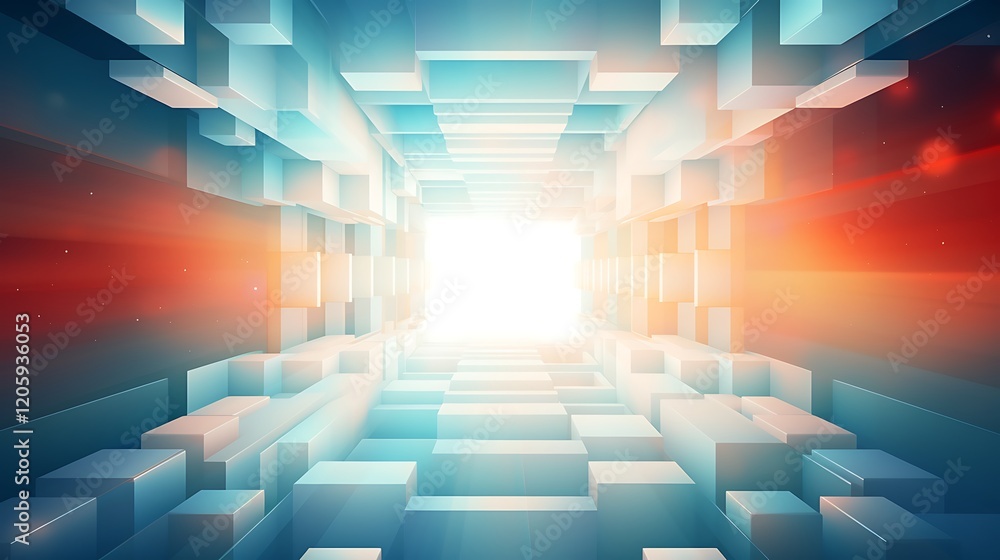 Aufkleber digital gateway: an abstract image depicting a futuristic tunnel constructed of glowing cubes, bathe