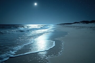 A moonlit beach with soft waves gently washing ashore, the distant horizon