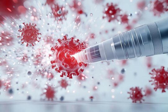 A laser targeting virus, illustrating advanced medical technology in action. image conveys sense of urgency and innovation in combating infectious diseases