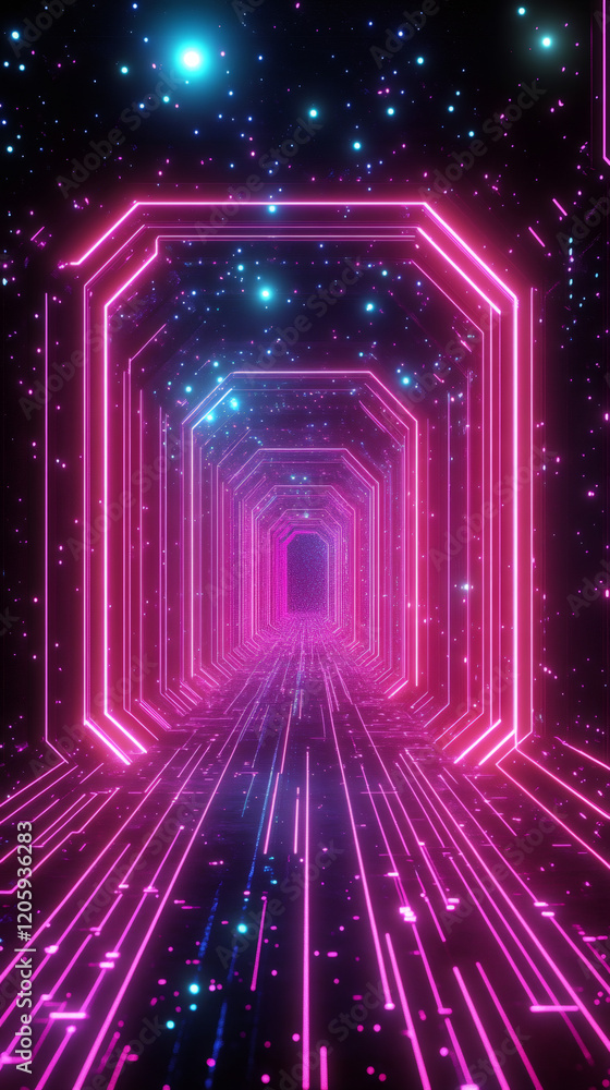 Aufkleber Pink and blue neon lights shaping a tunnel with data stream flowing through space and stars in the background