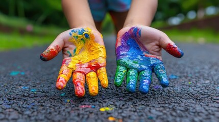A child's hands covered in vibrant paint, showcasing creativity and playfulness on a textured surface.