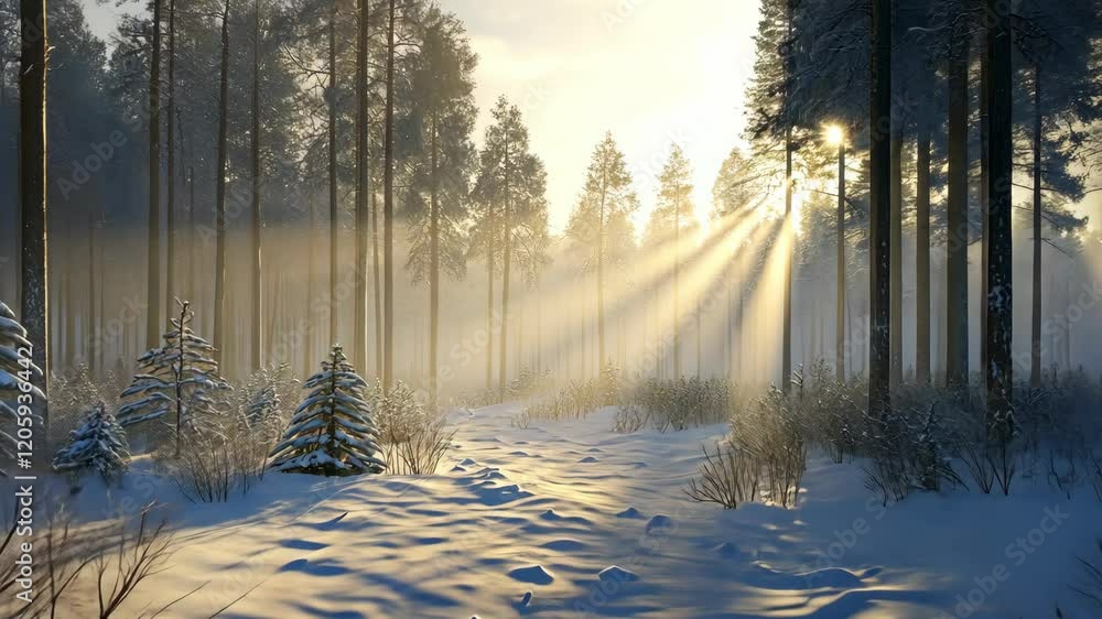 Poster sunlight filters through trees in a tranquil winter forest setting at dawn