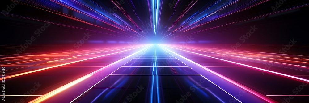 Poster digital velocity: a vibrant abstract concept image featuring converging lines of red and blue light 