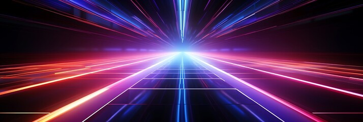 Obraz premium Digital Velocity: A vibrant abstract concept image featuring converging lines of red and blue light streaking towards a bright, luminous center, symbolizing speed, progress.