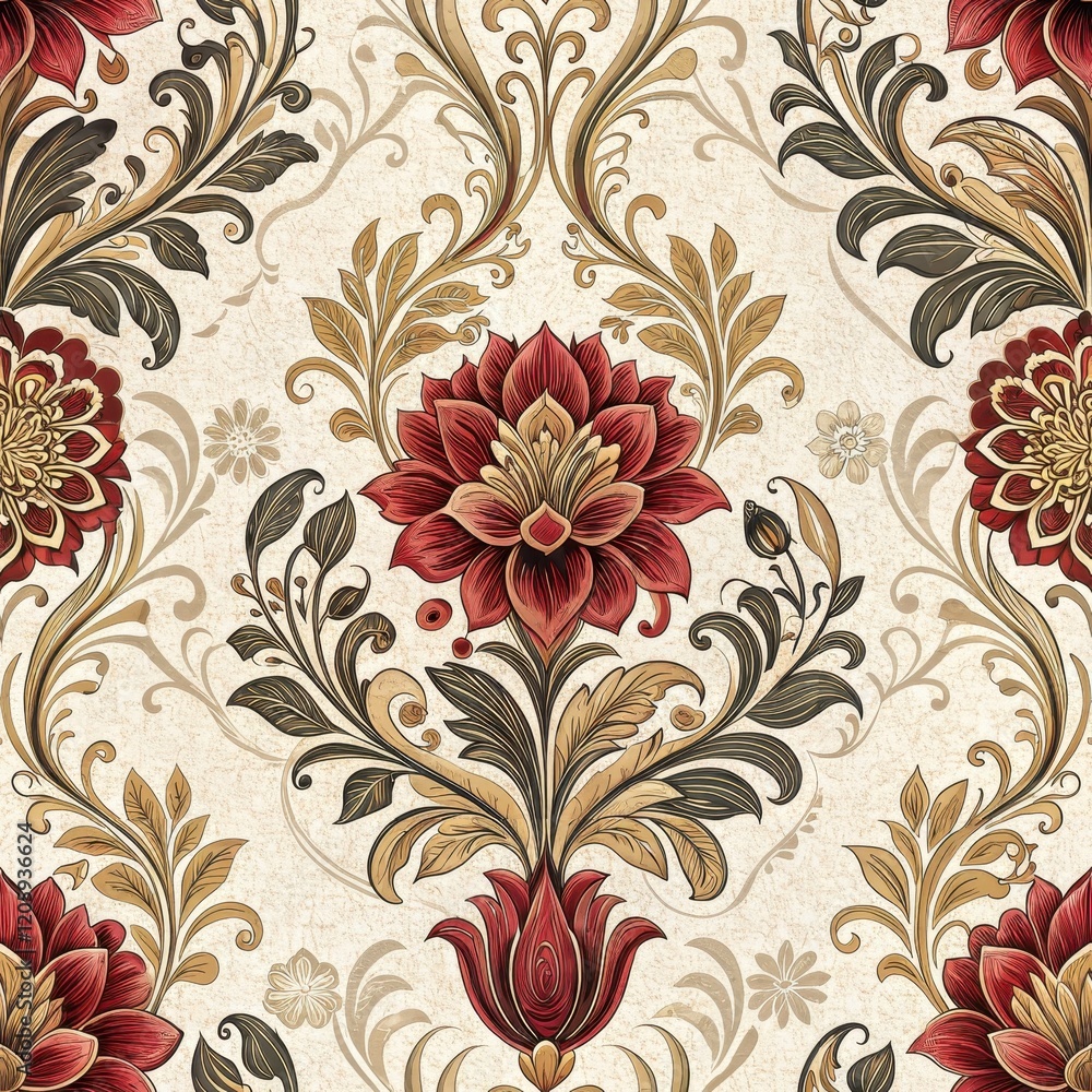 Wall mural Elegant Damask Floral Pattern Red and Gold Vintage Textile Design Seamless Background Texture