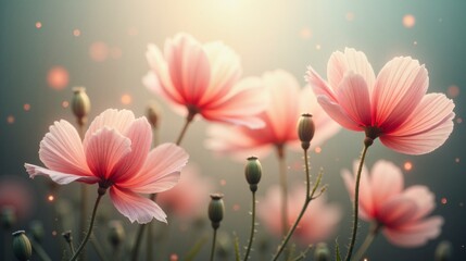 Obraz premium A bouquet of pink flowers with a blue background