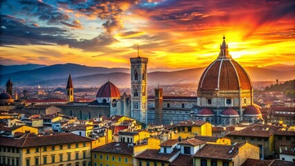 Fototapeta premium Florence Cathedral Dome, Tuscan Landscape, Italian Architecture, Sunrise Panorama