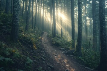 Obraz premium A mountain biking trail winding through a dense forest, with rays of sunlight piercing through the trees, creating a dynamic and adventurous scene.