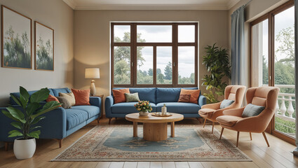 Elegant living room showcasing modern interior design with cozy furniture and nature view