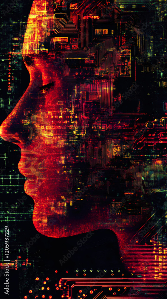 Poster human face profile merging with electronic circuits representing artificial intelligence, deep learn