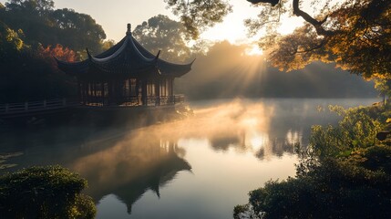 Obraz premium Serene Sunrise Over Pagoda Lake Reflections
