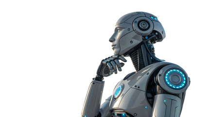 AI Robot Thinking in Side View, Isolated on Transparent Background, Futuristic Technology Concept