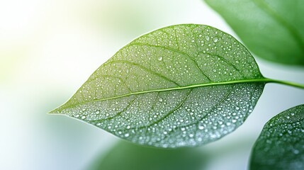 A close-up of a green leaf with water droplets, highlighting nature's beauty and freshness.