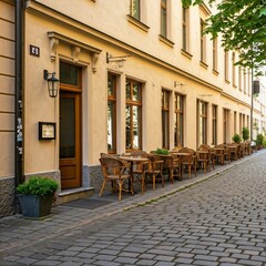 Obraz premium A café with a warm beige and wooden aesthetic on a quiet street. 