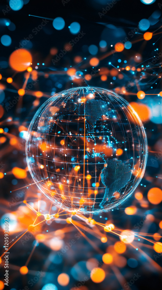 Fototapete digital globe rotating with futuristic network connections and glowing dots, representing global com