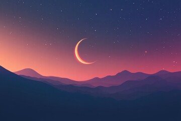 Crescent moon cradled by stars in a serene twilight sky with vibrant jewel tones and minimalistic elegance over distant mountains