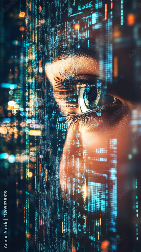 Aufkleber cybersecurity professional scanning programming code on illuminated digital display, focusing on sof