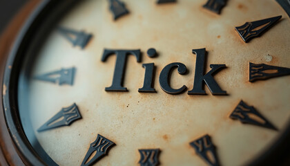 Close-up of a clock with Tick subtly engraved around the clock face