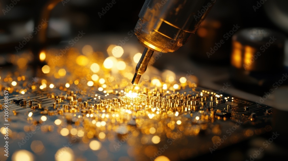 Poster automated robotic arm precisely soldering components onto a printed circuit board, showcasing advanc
