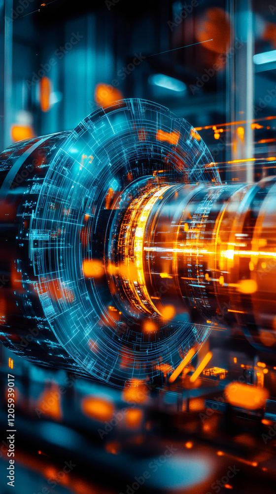 Poster rotating turbine generating energy with digital overlay in a futuristic industrial environment