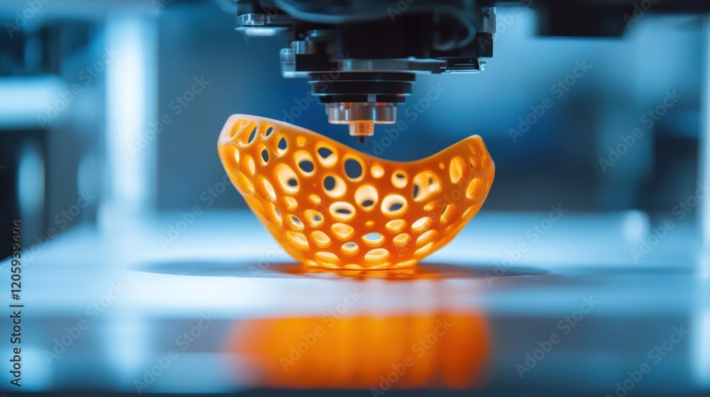 Poster automated 3d printer is creating a complex orange object layer by layer, showcasing innovative addit