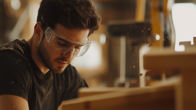 A detailed view of a carpenter in a workshop, wearing safety goggles and working on a wooden piece, Carpentry scene