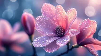 Fototapeta premium A close-up of a pink magnolia flower adorned with water droplets, evoking beauty and tranquility.