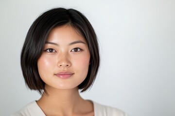 A youthful Asian woman with a bob haircut smiles brightly, showcasing her natural beauty against a plain white background.