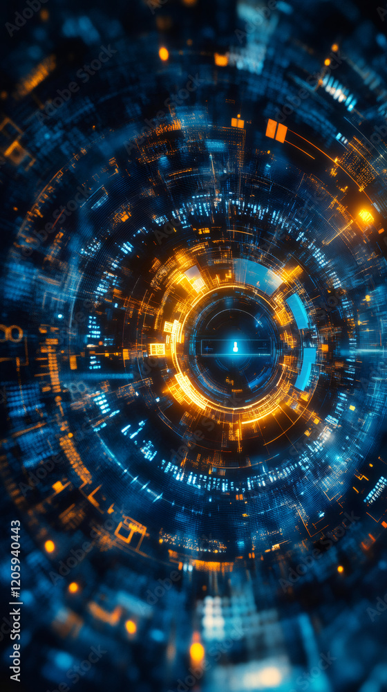 Poster digital portal rotating, glowing with streaming source code, representing technological innovation a