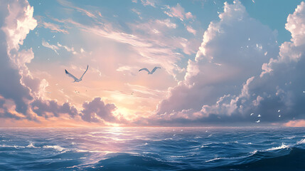 Golden sunset over calm ocean waves, a serene and peaceful scene.