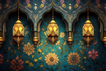 Stunning Islamic geometric art combined with vibrant floral patterns creates a captivating Ramadan-themed backdrop