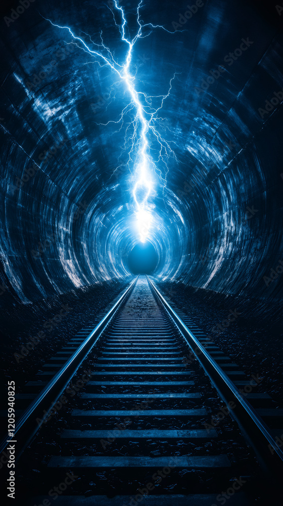Poster lightning illuminating railroad tracks inside dark tunnel at night, creating a dramatic and surreal 