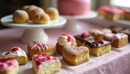 Table laden with homemade Valentine's Day treats. Festive Wedding, Mothers Day, Valentine's Day, Chocolate Day, Birthday.