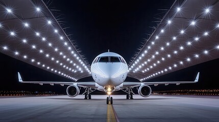 Sleek private jet parked in a modern hangar with dramatic lighting, showcasing luxury and exclusivity, private jet, airport hangar, luxury travel