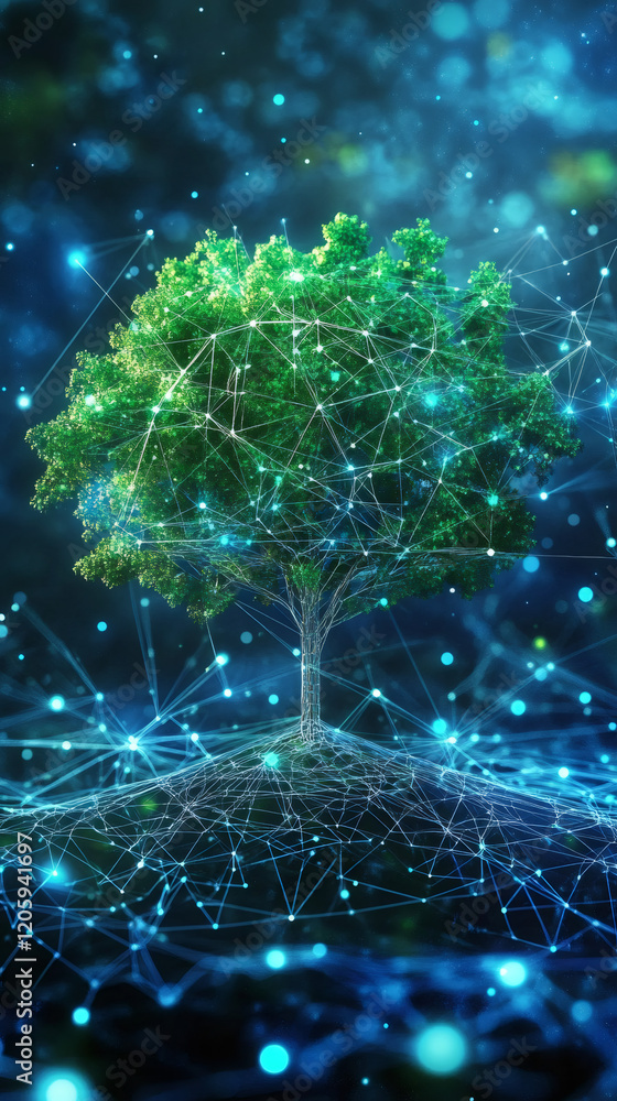 Fototapete digital network tree growing through interconnected nodes, symbolizing technological ecosystem mergi