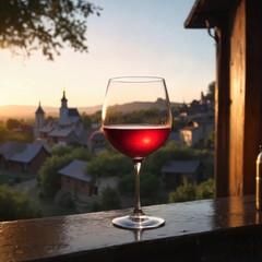 Glass of red wine sitting on a wooden railing with a sunset over a village in the background