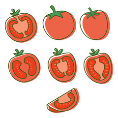 Fresh tomato.Red tomato collection. Vegetables slice and a whole tomato.Organic food. Farm products.Isolated on white background.Vector flat illustration.