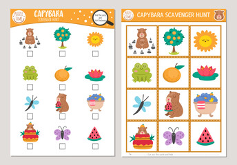 Vector capybara scavenger hunt cards set. Seek and find game with cute animals for kids. Capibara searching activity. Simple educational printable worksheet with butterfly, frog, tangerine