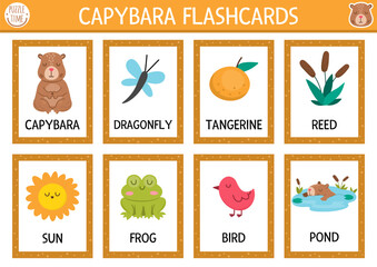 Vector capybara flash cards set with dragonfly, tangerine, frog, sun, bird, pond. English language game with cute animals for kids. Capibara flashcards. Simple educational printable worksheet