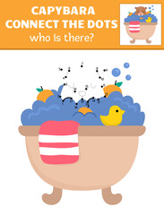 Vector capybara dot-to-dot and color activity with cute animal taking bath with rubber duck, tangerine, towel. Capibara connect the dots game for children. Who is missing printable worksheet