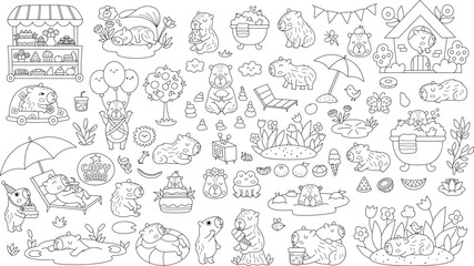 Big black and white vector capybara set. Cute line capibara animals coloring page with bath, fruit, reeds, birds. Funny guinea pigs meditating, sleeping, relaxing, swimming with tangerines