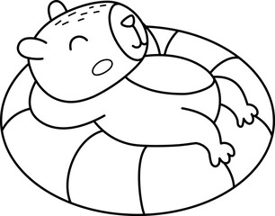 Vector black and white capybara icon. Cute line capibara lying and swimming on floatie. Funny animal illustration isolated on white background. Comic guinea pig clipart, coloring page