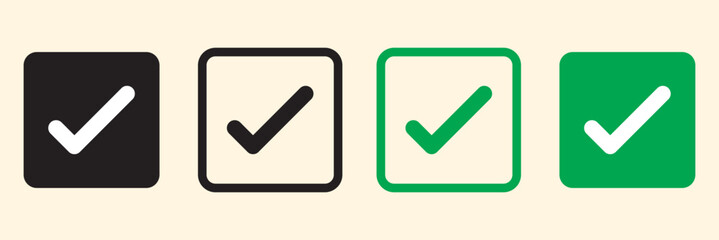 green check mark icon, check box icon set. circle and square. tick box symbol in green with correct, accept checkmark icons , check list circle frame - checkbox symbol vector sign