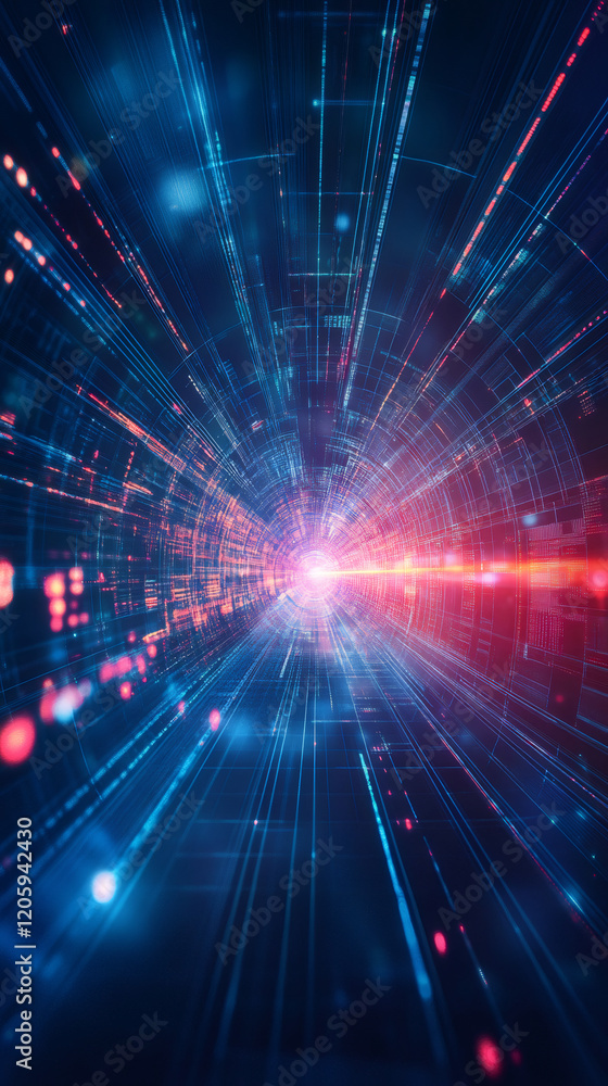 Poster Binary code streams through cyberspace tunnel, creating a vibrant display of technological advancement
