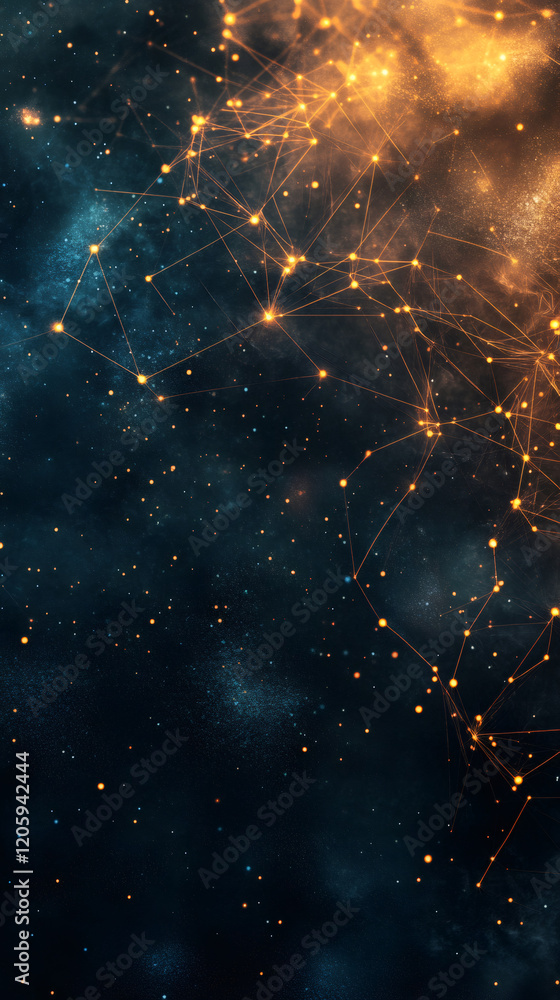 Poster plexus effect creating a network of glowing dots resembling a cosmic structure with stars and nebula