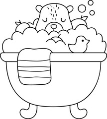 Vector black and white capybara icon. Cute line capibara taking bath with tangerines and little duck. Funny animal illustration isolated on white background. Comic guinea pig clipart, coloring page