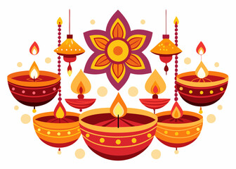 Diwali Oil Lamps with Hanging Diyas and Decorative Indian Design